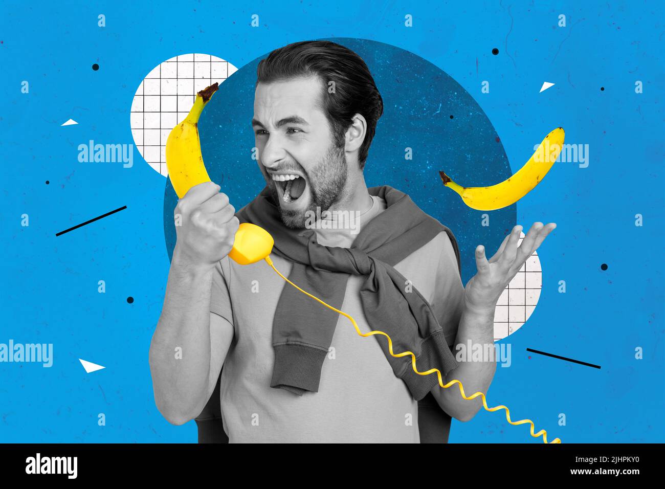 Collage 3d image of pinup pop retro sketch of furious guy screaming banana phone isolated
