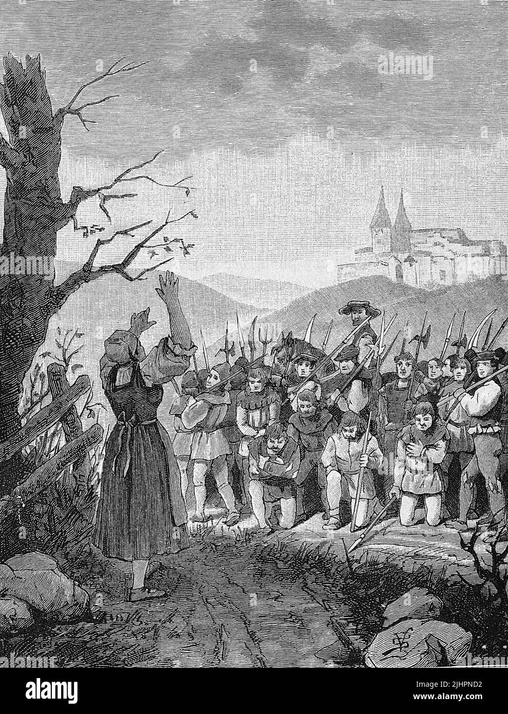 Deutscher Bauernkrieg, 1524-1526, Die schwarze Hofmännin segnet die Bauern. Margarete Renner (geboren um 1475, gestorben 1535), genannt die Schwarze Hofmännin, ist die einzige namentlich bekannte Frau, die an den Bauernkriegen des 16. Jahrhunderts aktiv teilnahm  /  German Peasants' War, 1524-1526, The Black Court Woman Blesses the Peasants. Margarete Renner (born around 1475, died 1535), called the Black Court Woman, is the only woman known by name to have taken an active part in the Peasants' Wars of the 16th century, Historisch, digital restaurierte Reproduktion einer Originalvorlage aus de Stock Photo