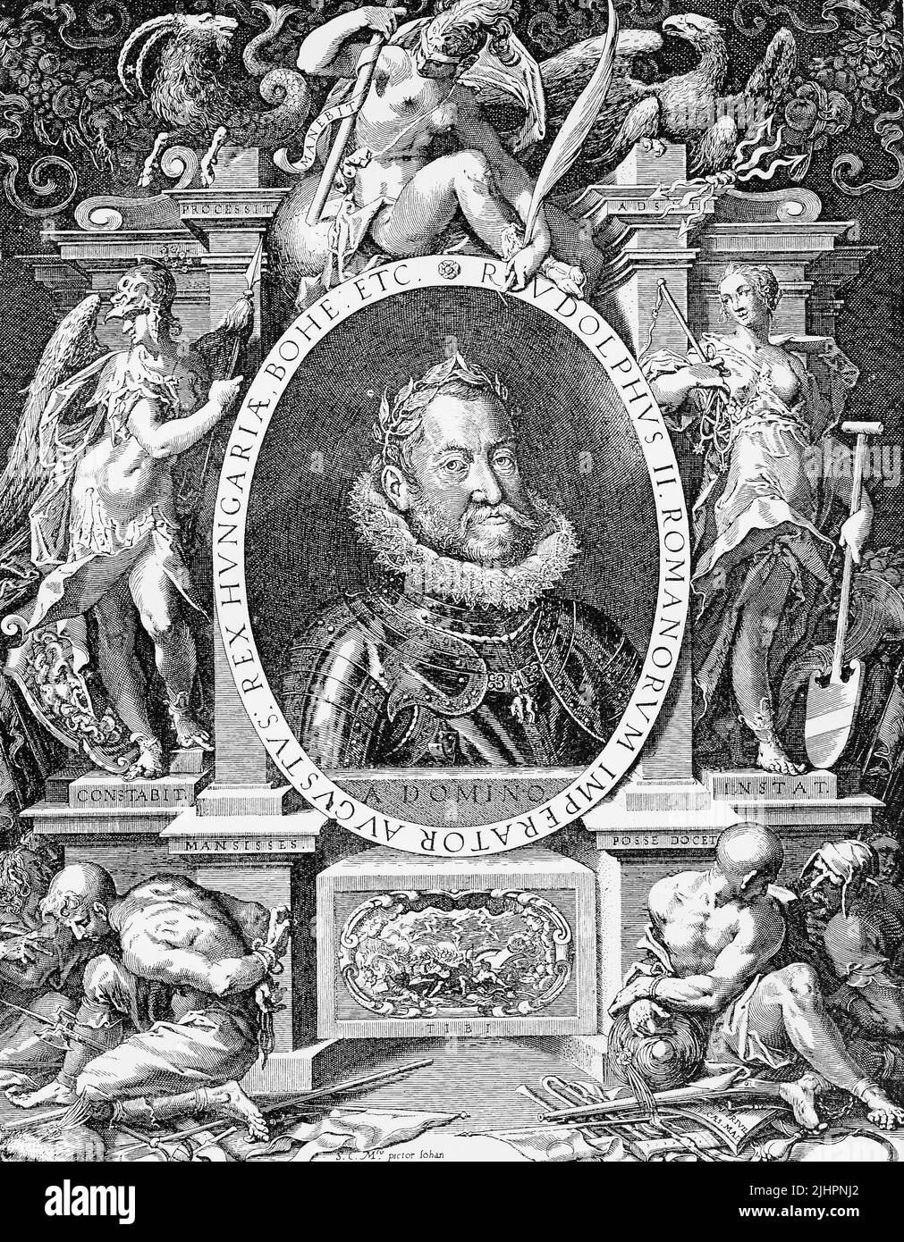 Rudolf II. (geboren 18. Juli 1552, gestorben 20. Januar 1612) war Kaiser des Heiligen Römischen Reichs (1576-1612), König von Böhmen (1576-1611) sowie König von Ungarn und Erzherzog von Österreich (1576-1608)  /  Maximilian II. (geboren am 31. Juli 1527, gestorben am 12. Oktober 1576), war Kaiser des Heiligen Römischen Reiches und Erzherzog von Österreich von 1564 bis 1576, Historisch, digital restaurierte Reproduktion einer Originalvorlage aus dem 19. Jahrhundert, genaues Originaldatum nicht bekannt, Stock Photo