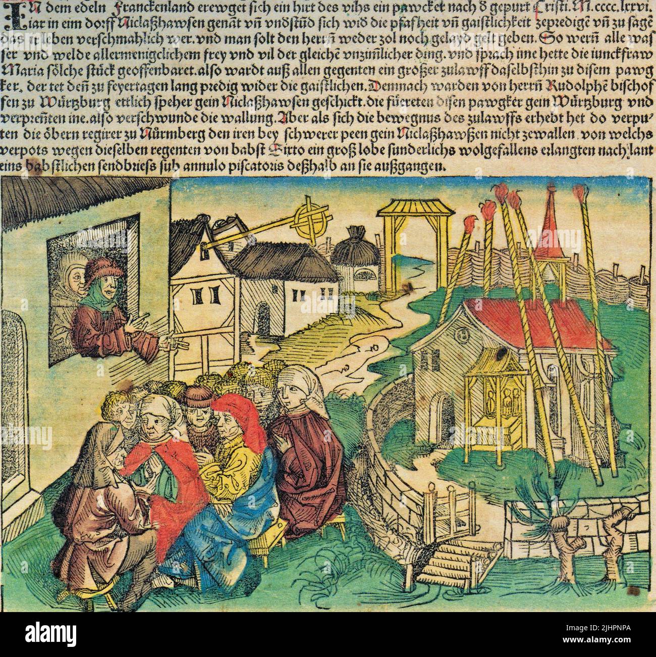 Hans Böhm oder Hans Behem, Pauker von Niklashausen (geboren um 1458, gestorben 19. Juli 1476), Pfeiferhannes, Pfeiferhänslein, war Viehhirte, Musikant, Prediger und Initiator der Niklashäuser Wallfahrt von 1476. Bericht über den Pauker von Niklashausen in der Schedelschen Weltchronik von 1493  /  Joseph II, Benedikt Hans Böhm or Hans Behem, Pauker von Niklashausen (born around 1458, died July 19, 1476), Pfeiferhannes, Pfeiferhänslein, was a cattle herder, musician, preacher and initiator of the Niklashäuser pilgrimage of 1476. Report on the Pauker von Niklashausen in the Schedelsche Weltchroni Stock Photo