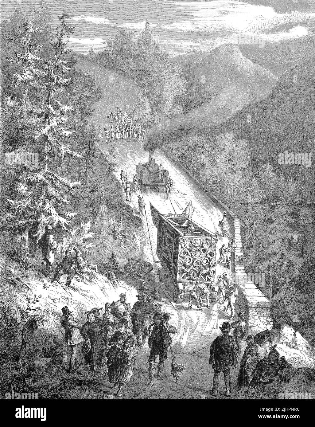 Historische Illustration, die den Transport der Teile eines großen Kreuzes auf einem Bergpass in den bayerischen Alpen bei Ettal, Bayern, Deutschland, zeigt. Die Kreuzigungsgruppe bei Oberammergau wurde von König Ludwig II. bezahlt  /  Historical illustration showing the transport of the parts of a big cruzifix on a mountain pass in the bavarian alps near Ettal, Bavaria, Germany. The Kreuzigungsgruppe, cruzifix group, near Oberammergau was paid by king Ludwig II., Louis II, Historisch, digital restaurierte Reproduktion einer Originalvorlage aus dem 19. Jahrhundert, genaues Originaldatum nicht Stock Photo