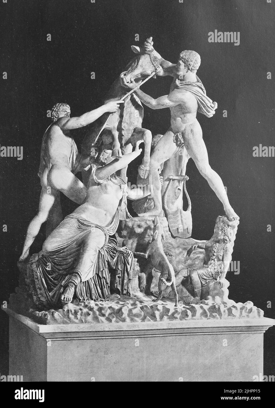 Historisches Bild von Der Farnese-Stier, Toro Farnese, ehemals in der Farnese-Sammlung in Rom, ist eine massive römische Kopie einer hellenistischen Skulptur, Neapel, Neapel, Italien / Historical image of The Farnese Bull, Toro Farnese, formerly in the Farnese collection in Rome, is a massive Roman elaborated copy of a Hellenistic sculpture, Neapel, Napoli, Naples, Italy, Historisch, digital restaurierte Reproduktion einer Originalvorlage aus dem 19. Jahrhundert, genaues Originaldatum nicht bekannt, Stock Photo