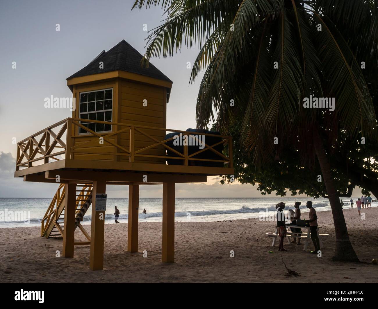 Barbados, Caribbean island - west coast. Rockley. Lifeguard station at dusk. Stock Photo