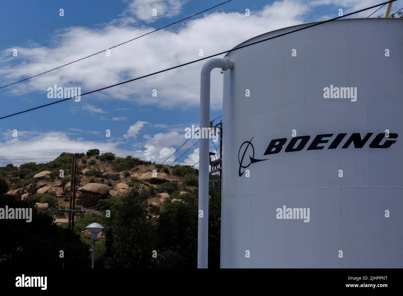 A large liquid tank with the Boeing corporate logo is seen near the entrance Santa Susana Field Laboratory in Santa Susana, California, U.S., June 22, 2022.    REUTERS/Mike Blake Stock Photo