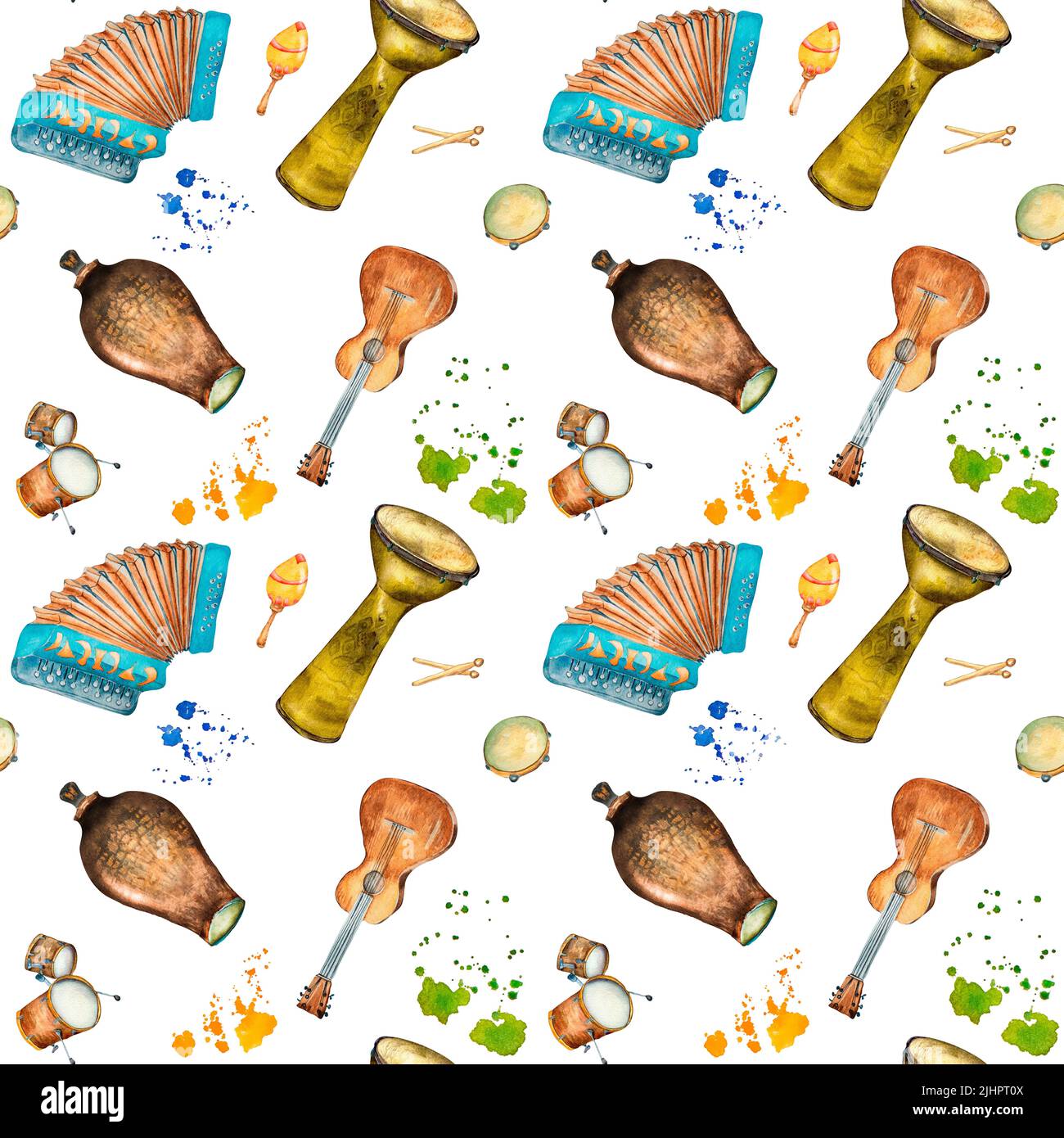 Hispanic musical instruments and watercolor splash seamless pattern on ...
