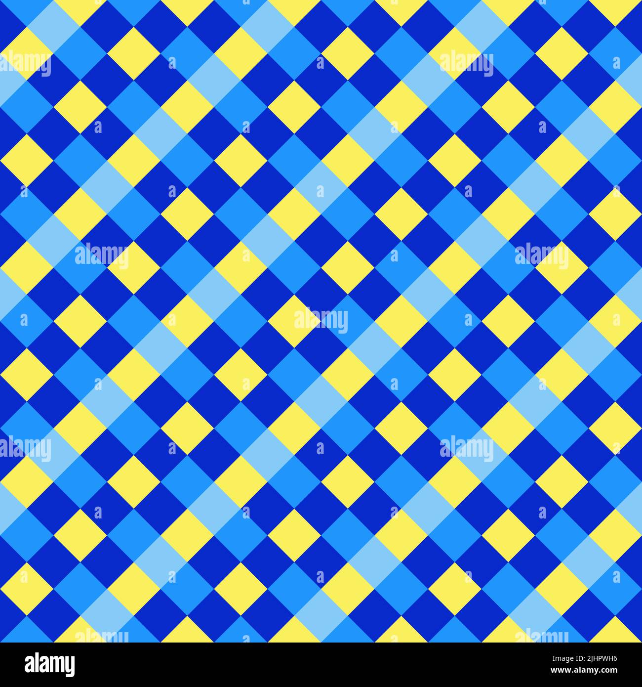 Blue Yellow Seamless Diagonal French Checkered Pattern. Inclined Colorful Fabric Check Pattern Background. 45 degrees Classic Checker Pattern Design T Stock Photo