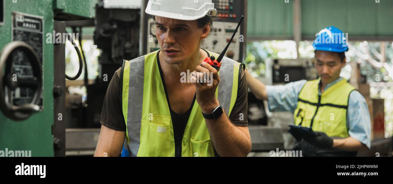 Engineer talk and analyze working on radio communication in industry