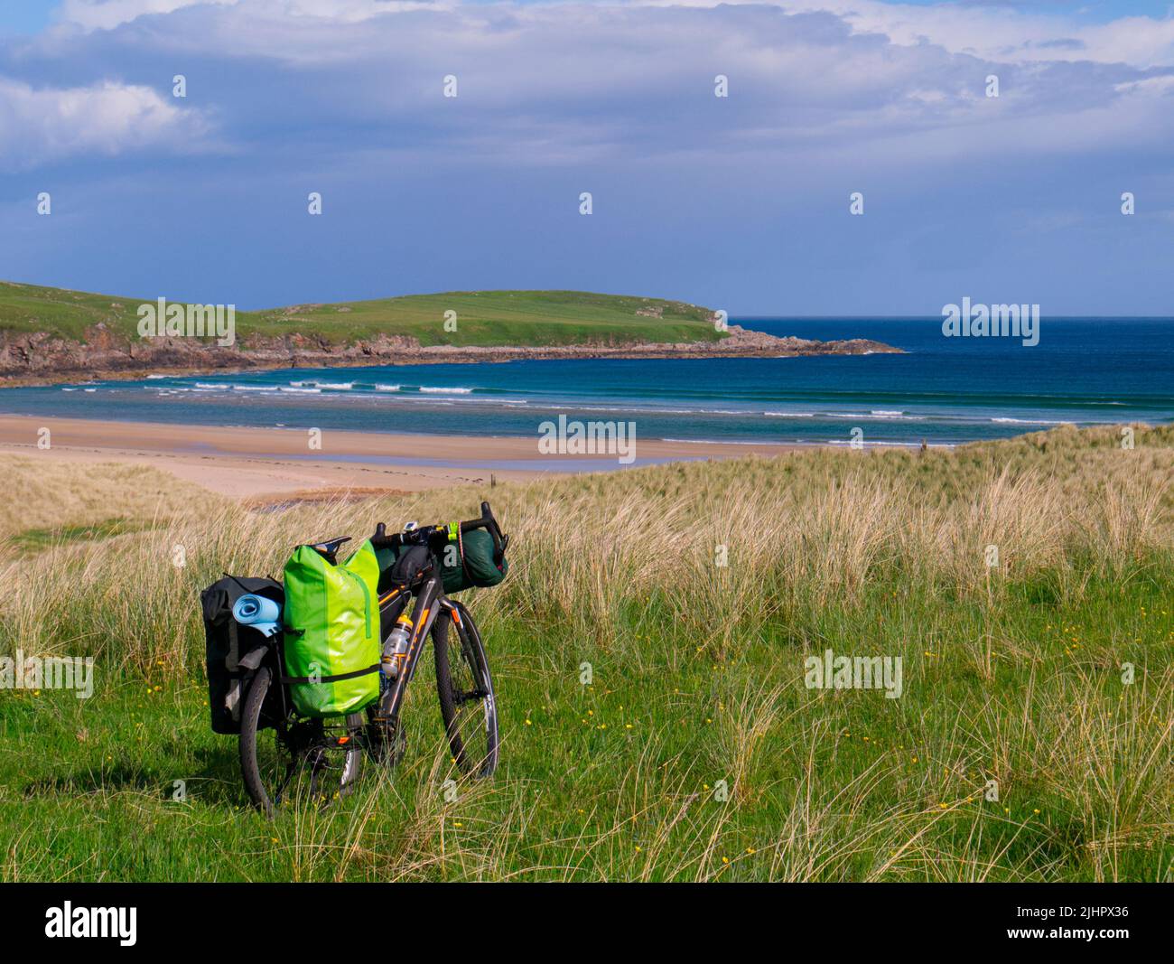 Cycle touring on North Coast 500, Armadale, Sutherland Stock Photo