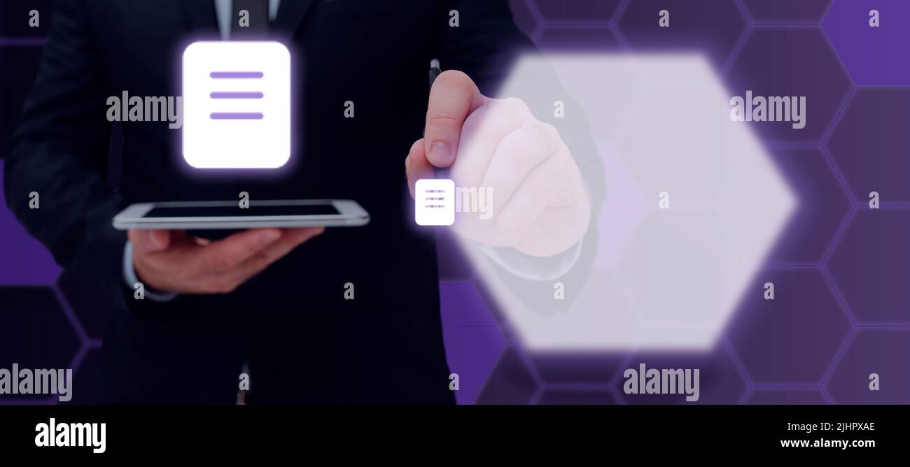 Businessman Holding Tablet And Pen Which Points On Sign And Presenting