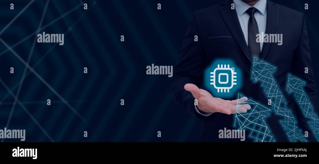 Businessman With A Hand Presenting Arrows Going Up And A Microchip ...