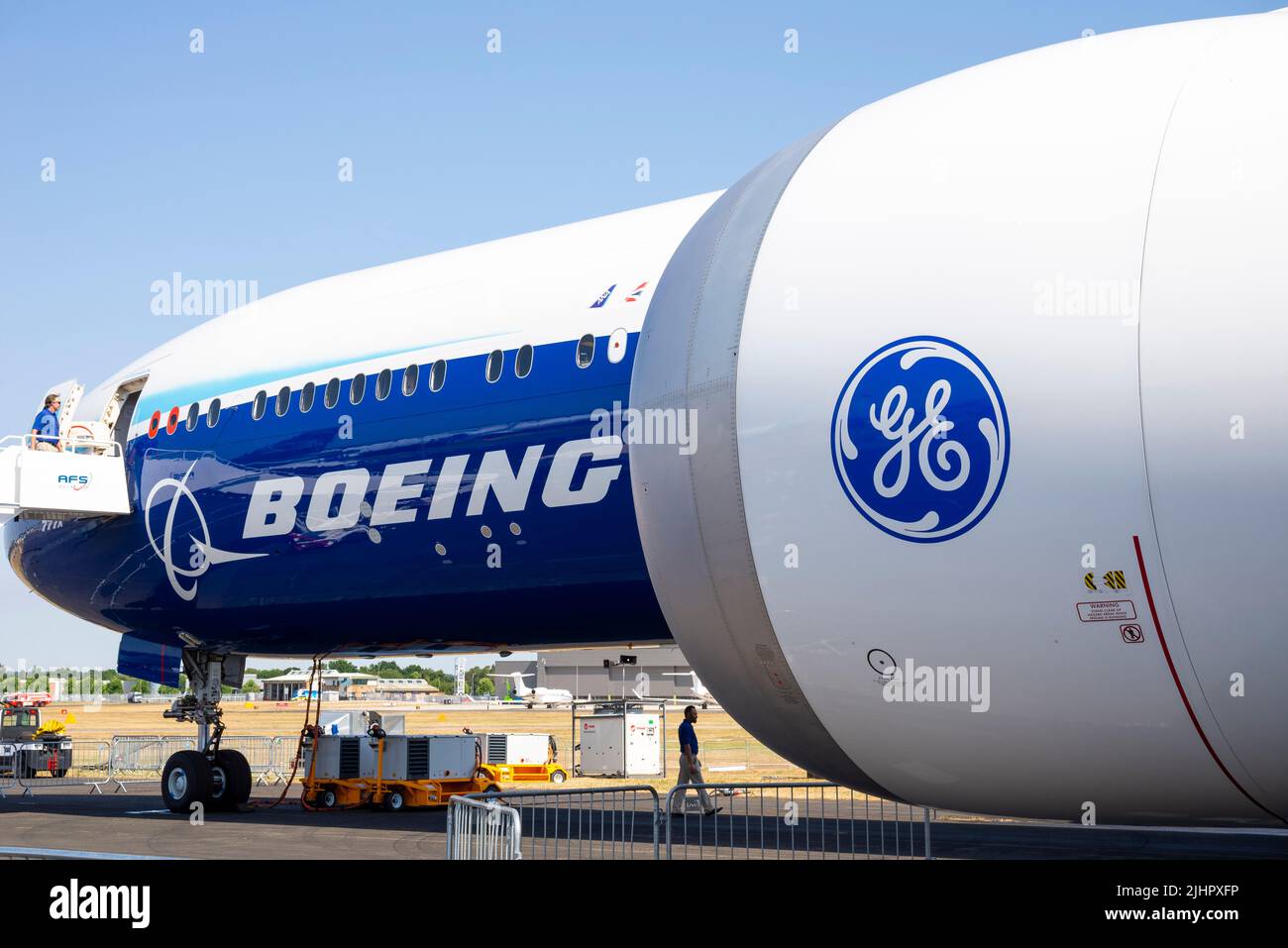 Boeing 777-9, also known as 777X, airliner jet plane at Farnborough International Airshow 2022. General Electric GE9X engine pod. High bypass jet Stock Photo