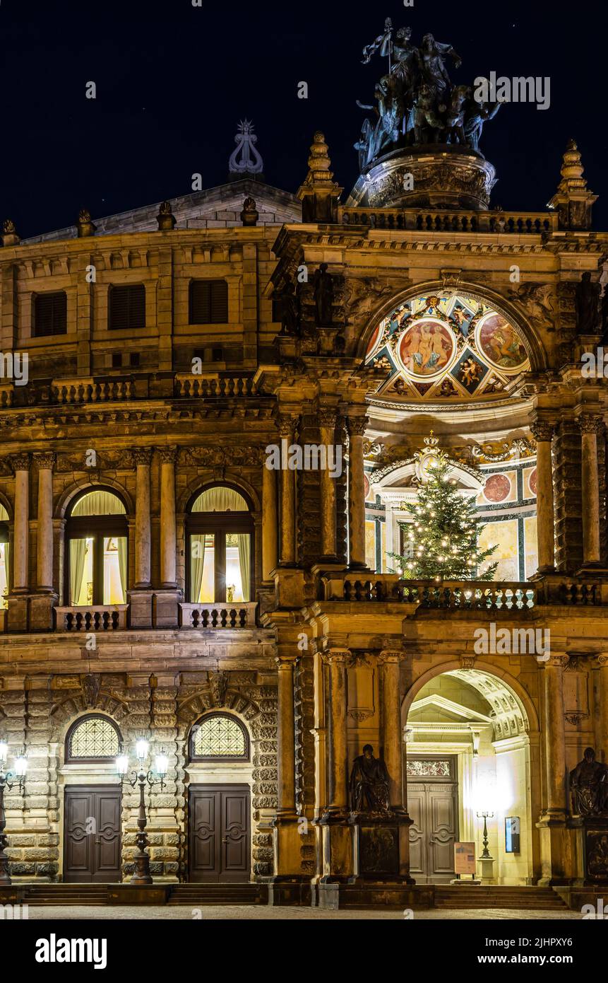 The illuminated world famous Semper Opera House at Christmas time at night, Theater Square in Dresden, Saxony, Germany. Stock Photo