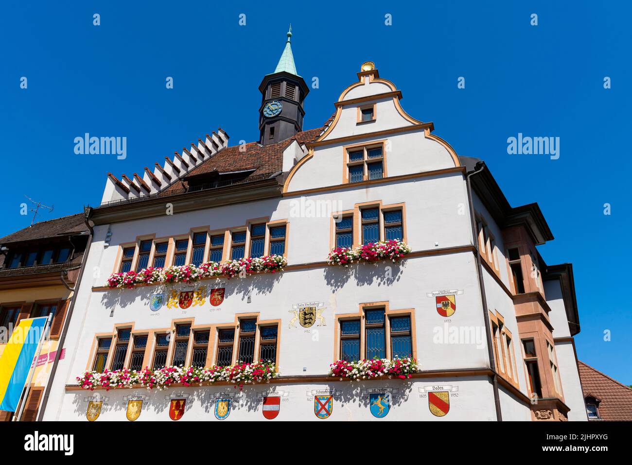 Town Hall in town Staufen the historical city of Faust. Staufen im Breisgau, southern Black Forest, Baden-Wuerttemberg. Germany. Staufen is an histori Stock Photo
