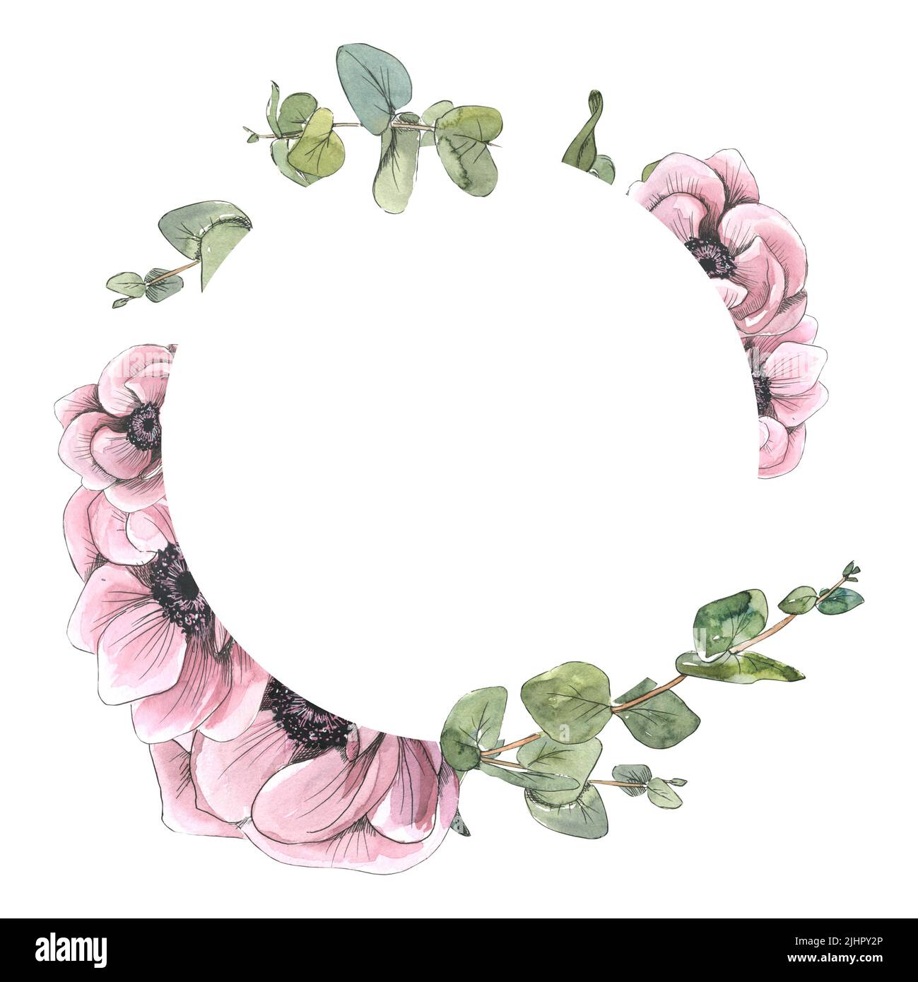 Round frame with anemone flowers, eucalyptus twigs. Watercolor illustration in sketch style, with graphic elements. A wreath from a large set of PARIS Stock Photo