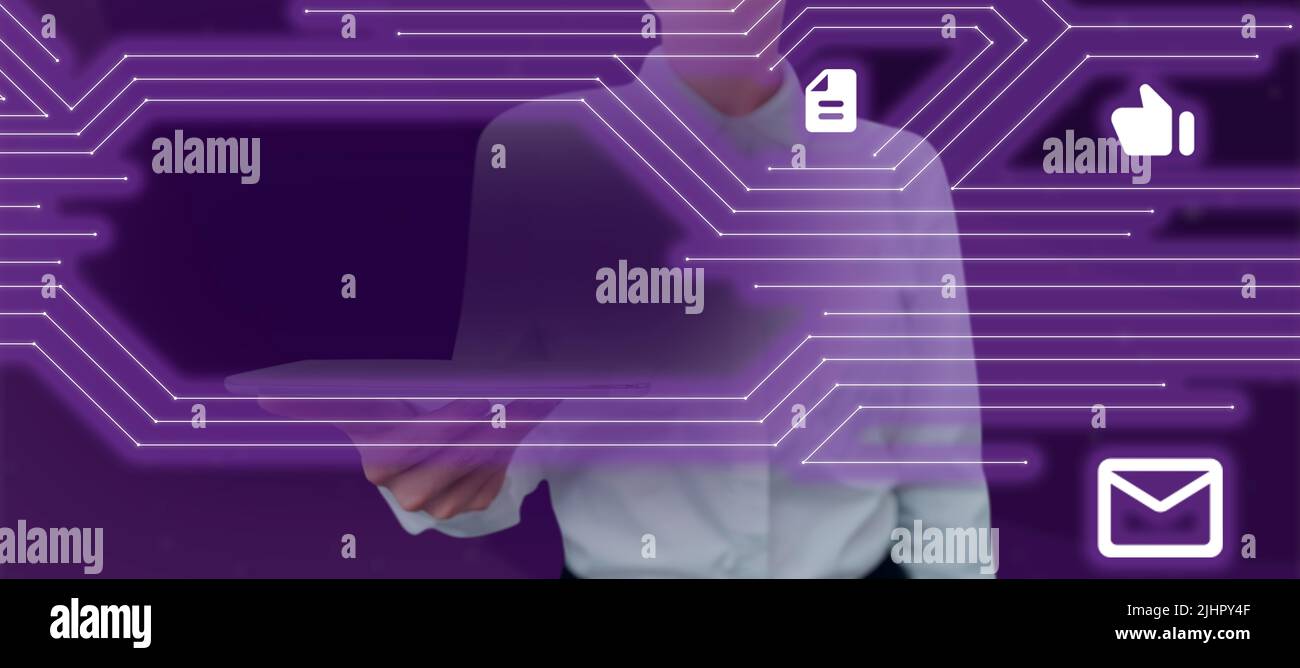 Businesswoman Holding Tablet Presenting Important Message Around Futuristic Frame And Different S. Woman With Cellphone Presenting Symbols And Crucial Stock Photo