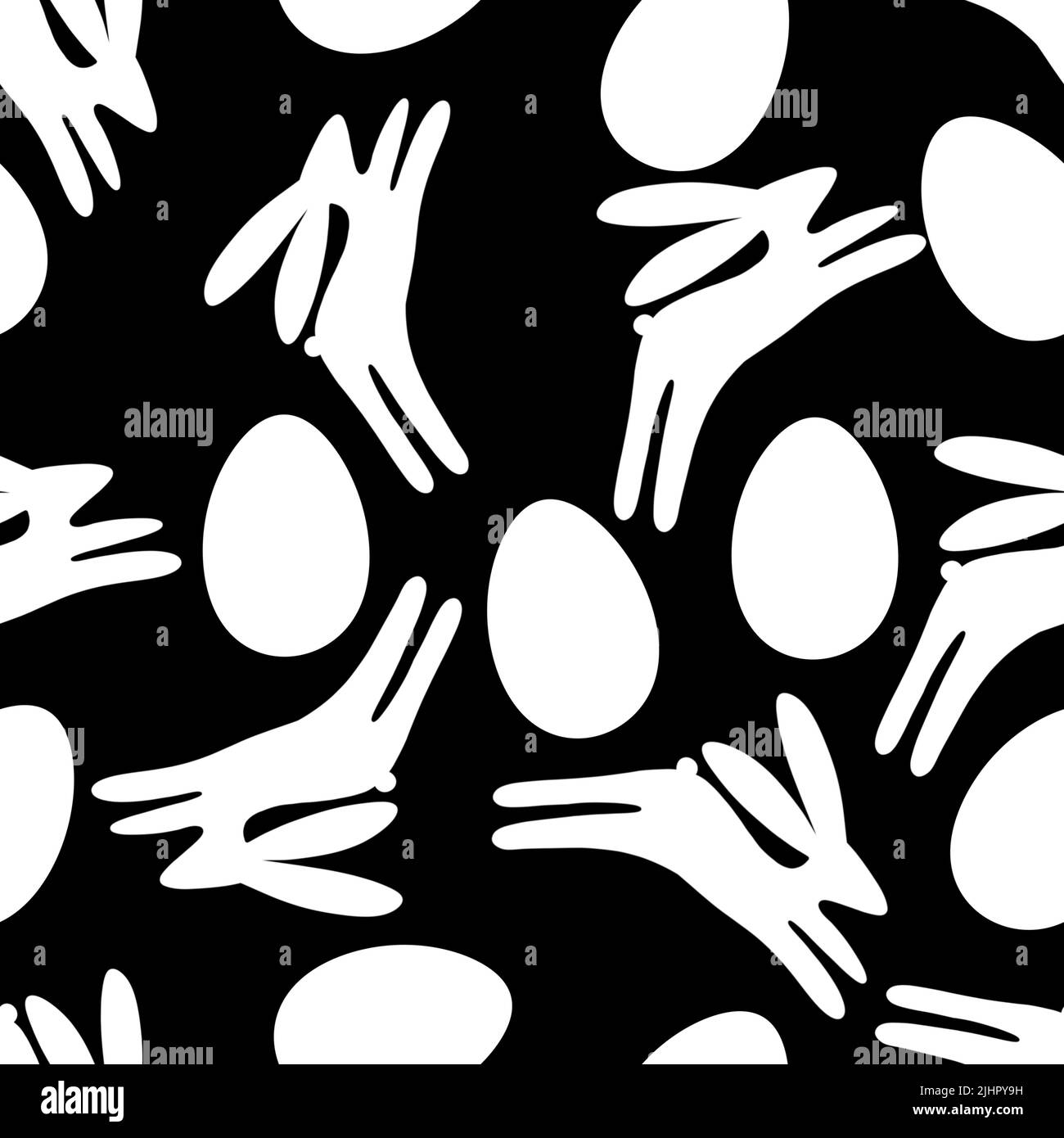 Seamless Easter pattern with white rabbits and eggs on black background Stock Photo