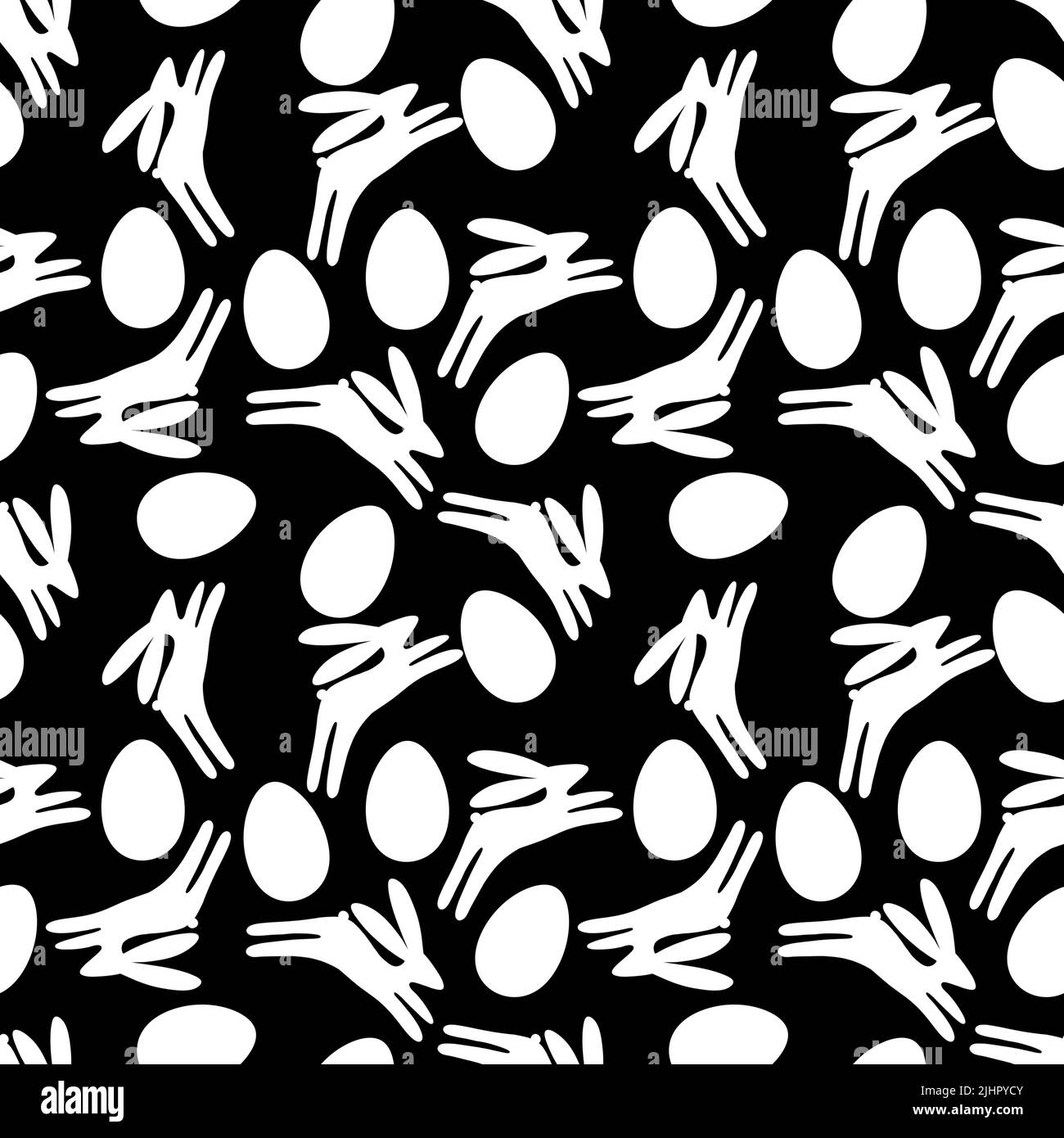 Seamless Easter pattern with white rabbits and eggs on black background Stock Photo