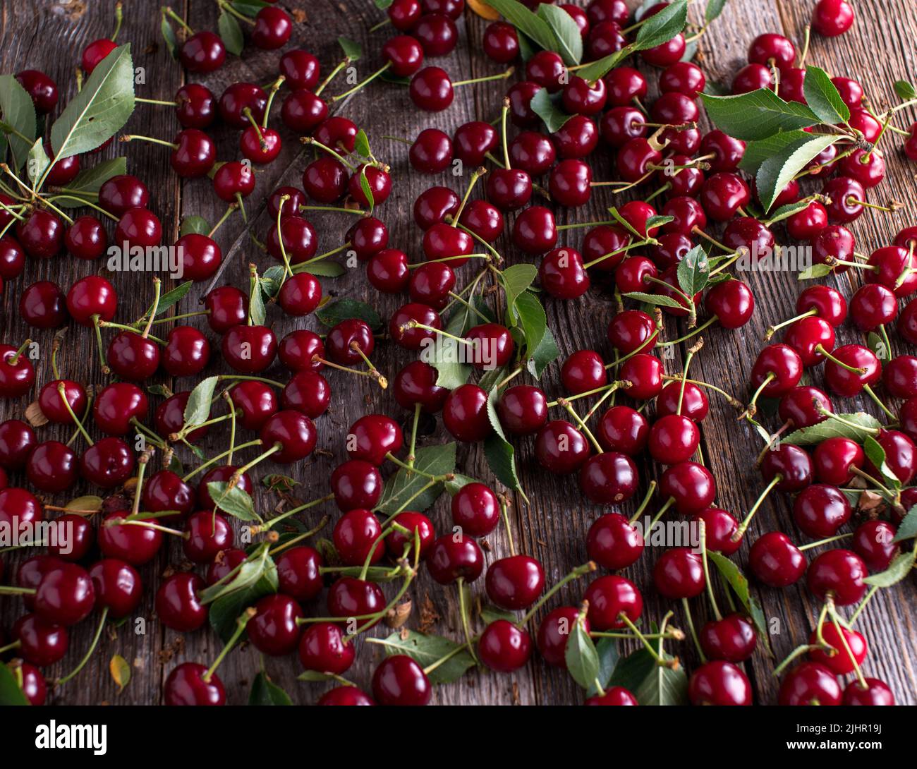 Sour Cherries on a wooden table background Stock Photo