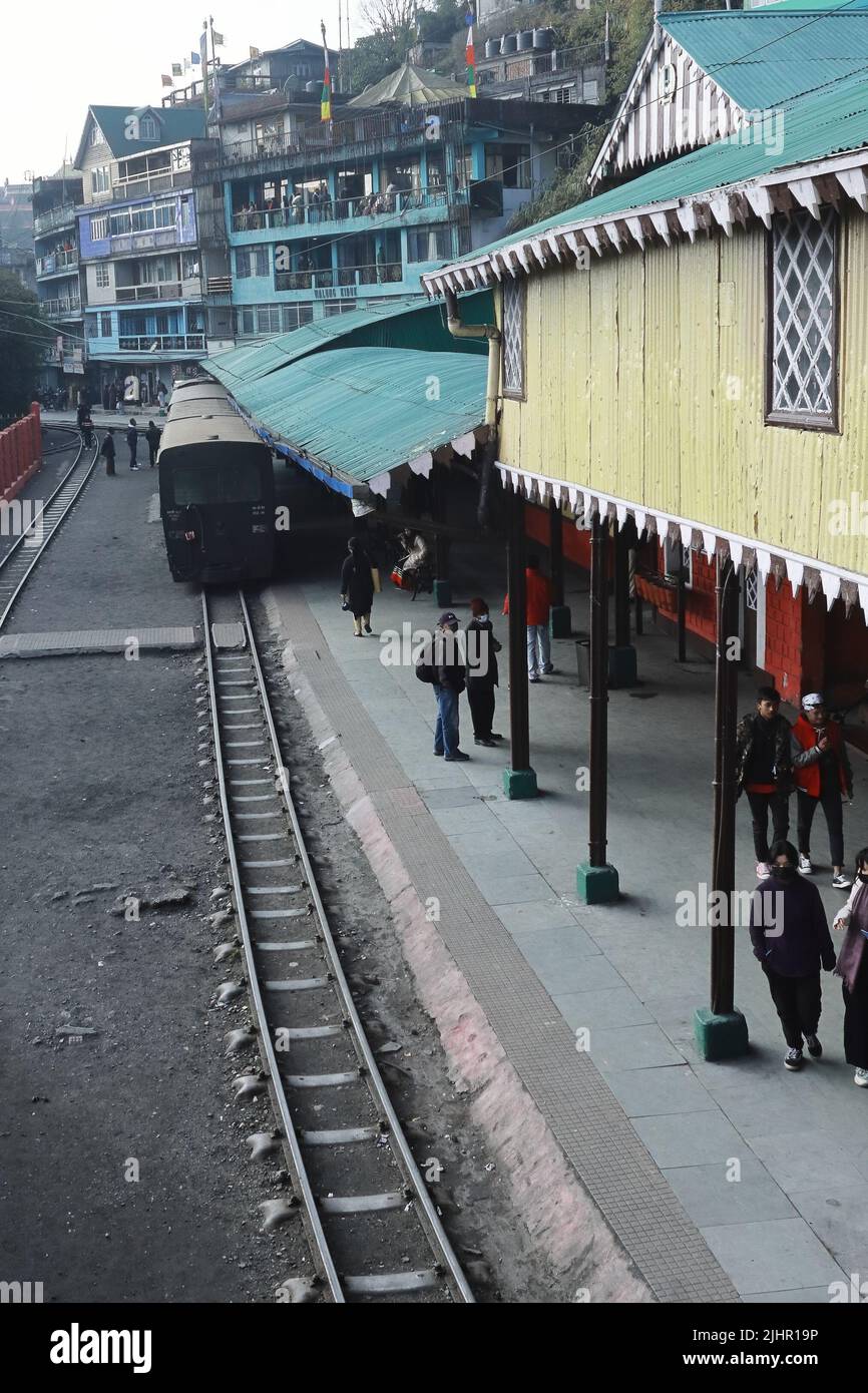 Darjeeling, West Bengal, India - 14 th February 2022: unesco world heritage darjeeling himalayan railway and ghum or ghoom railway station Stock Photo