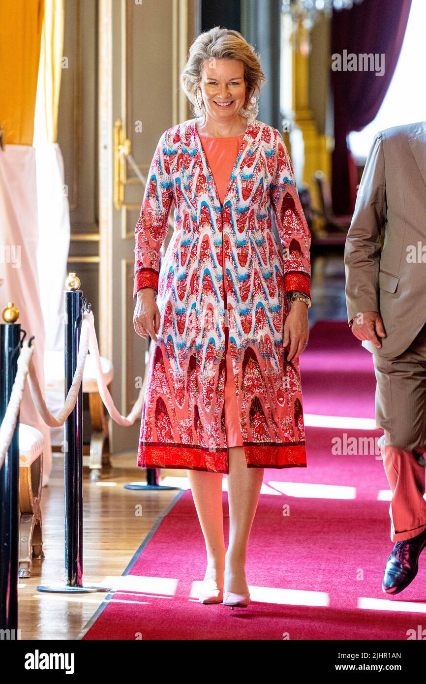 Brussels, Belgium - 20 Jul 2022, Queen Mathilde of Belgium at the opening  of three expositions during the annual summer opening for the public of the  Royal Palace in Brussels, Belgium. (Photo