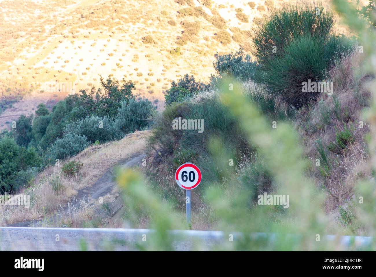 View of a traffic sign with a speed limit of 60 kilometers per hour on a countryside road. Stock Photo