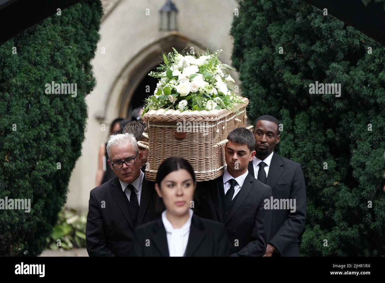 The coffin of Dame Deborah James is carried from her funeral service at