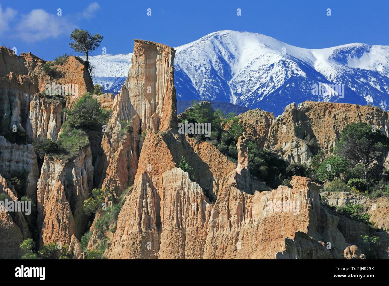 France, Pyrénées-Orientales (66) Ille-sur-Têt, site géologique des orgues pliocènes, le massif du Canigou enneigé / France, Pyrénées-Orientales Ille-sur-Têt, geological site of the Pliocene organs, the snow-covered Canigou massif / Stock Photo