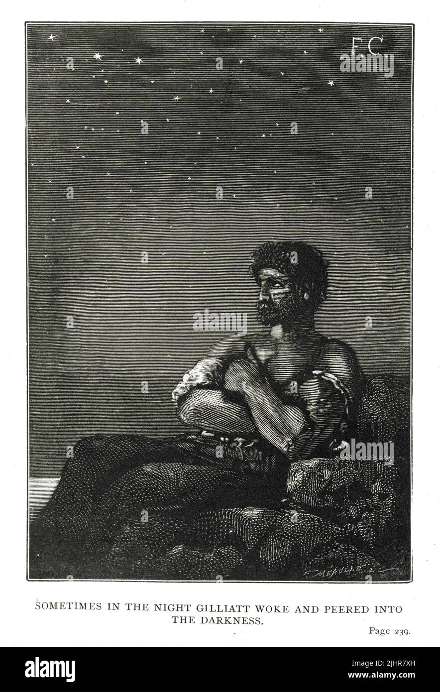 Gilliatt's loneliness: 'Sometimes in the night-time Gilliatt woke and peered into the darkness. He felt a strange emotion. His eyes were opened upon the black night ; the situation was dismal ; full of disquietude.' Second part, Book II, chapter V.  Illustration from a set of 56 engravings published in the English edition of 'Les Travailleurs de la Mer' ('Toilers of the Sea'), by Victor Hugo, published in 1869 by Sampson Low, Son and Marston.  Illustrator: François-Nicolas Chifflart. Engraver: Fortuné Méaulle. Stock Photo