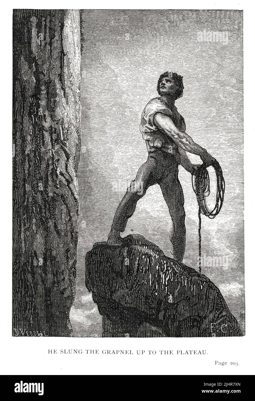 Gilliatt finds refuge in the Durande: 'He detached the knotted rope from his belt, took a rapid glance at the dimensions of the rock, and slung the grapnel up to the plateau.' Second part, Book I, chapter VII.  Illustration from a set of 56 engravings published in the English edition of 'Les Travailleurs de la Mer' ('Toilers of the Sea'), by Victor Hugo, published in 1869 by Sampson Low, Son and Marston.  Illustrator: François-Nicolas Chifflart. Engraver: D. Verdeil. Stock Photo