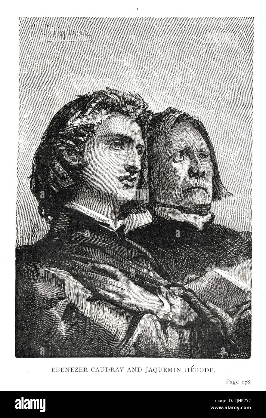 Portraits of Reverend Joë Ebenezer Caudray and Jacquemin Hérode. First part, Book VII, chapter III.  Illustration from a set of 56 engravings published in the English edition of 'Les Travailleurs de la Mer' ('Toilers of the Sea'), by Victor Hugo, published in 1869 by Sampson Low, Son and Marston.  Illustrator: François-Nicolas Chifflart. Engraver: D. Verdeil Stock Photo