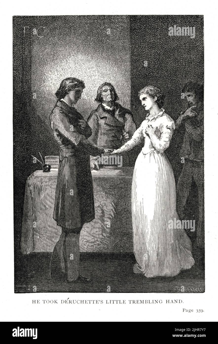 The wedding: 'The Dean placed the ring upon the book; then handed it to Caudray, who took Déruchette's little trembling left hand, passed the ring over her fourth finger, and said: 'With this ring I thee wed!'' Third part, Book III, chapter III.  Illustration from a set of 56 engravings published in the English edition of 'Les Travailleurs de la Mer' ('Toilers of the Sea'), by Victor Hugo, published in 1869 by Sampson Low, Son and Marston.  Illustrator: François-Nicolas Chifflart. Engraver: D. Verdeil. Stock Photo
