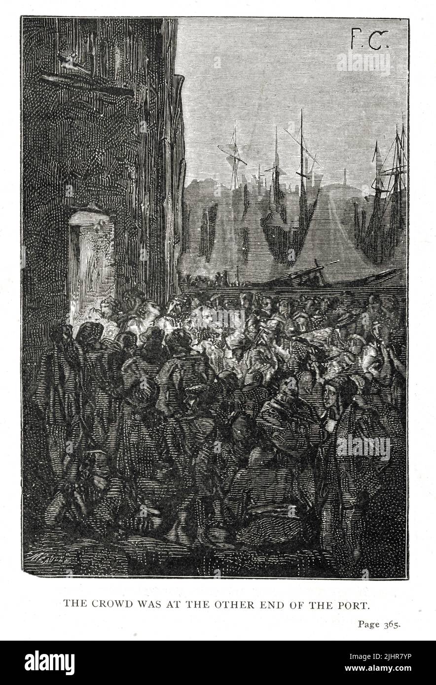 Gilliatt's arrival in St. Sampson: 'He was not observed. The crowd was at the other end of the port, near the narrow entrance, by the Bravées.' Third part, Book III, chapter V.  Illustration from a set of 56 engravings published in the English edition of 'Les Travailleurs de la Mer' ('Toilers of the Sea'), by Victor Hugo, published in 1869 by Sampson Low, Son and Marston.  Illustrator: François-Nicolas Chifflart. Engraver: Fortuné Méaulle. Stock Photo