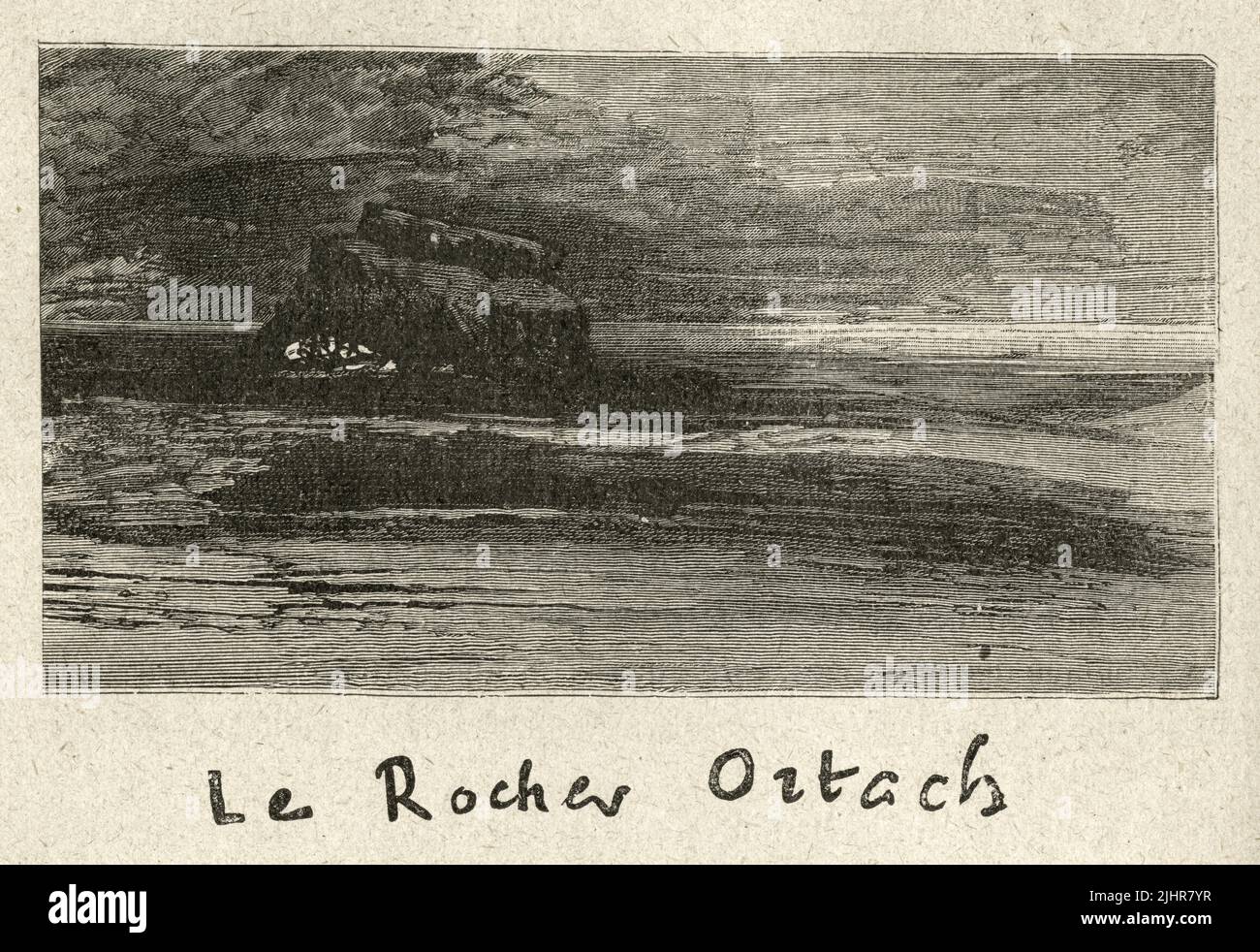 The Ortach rock: 'For it has been discovered, and is now well established, that the lonely inhabitant of the rock is not a saint, but a devil.' First part, Book I, chapter II.  Illustrator: Victor Hugo. Illustration from a set of nearly 150 woodcuts published in the Volume XI of Victor Hugo's 'Oeuvres Complètes' including 'Les Travailleurs de la Mer' ('Toilers of the Sea') - written in 1866. Book published in 1906 by the Société d'éditions Littéraires et Artistiques, Librairie Paul Ollendorff. Stock Photo