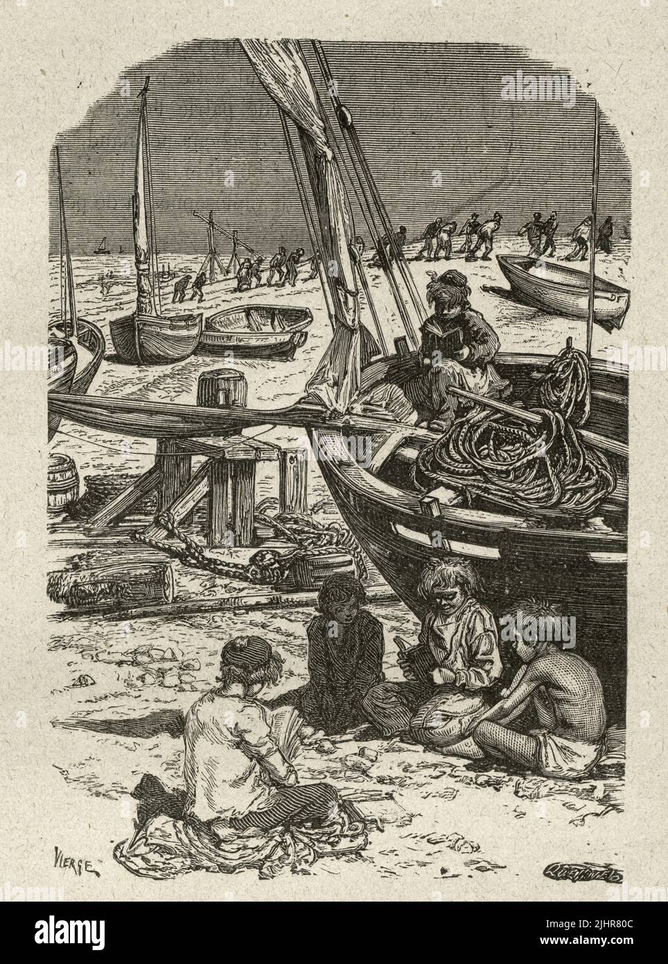 On the beach: 'On Sundays, little cabin-boys may be seen in those parts, seated upon a coil of ropes, reading, with book in hand.' First part, Book II, chapter II.  Illustrator: Daniel Vierge. Illustration from a set of nearly 150 woodcuts published in the Volume XI of Victor Hugo's 'Oeuvres Complètes' including 'Les Travailleurs de la Mer' ('Toilers of the Sea') - written in 1866. Book published in 1906 by the Société d'éditions Littéraires et Artistiques, Librairie Paul Ollendorff. Stock Photo