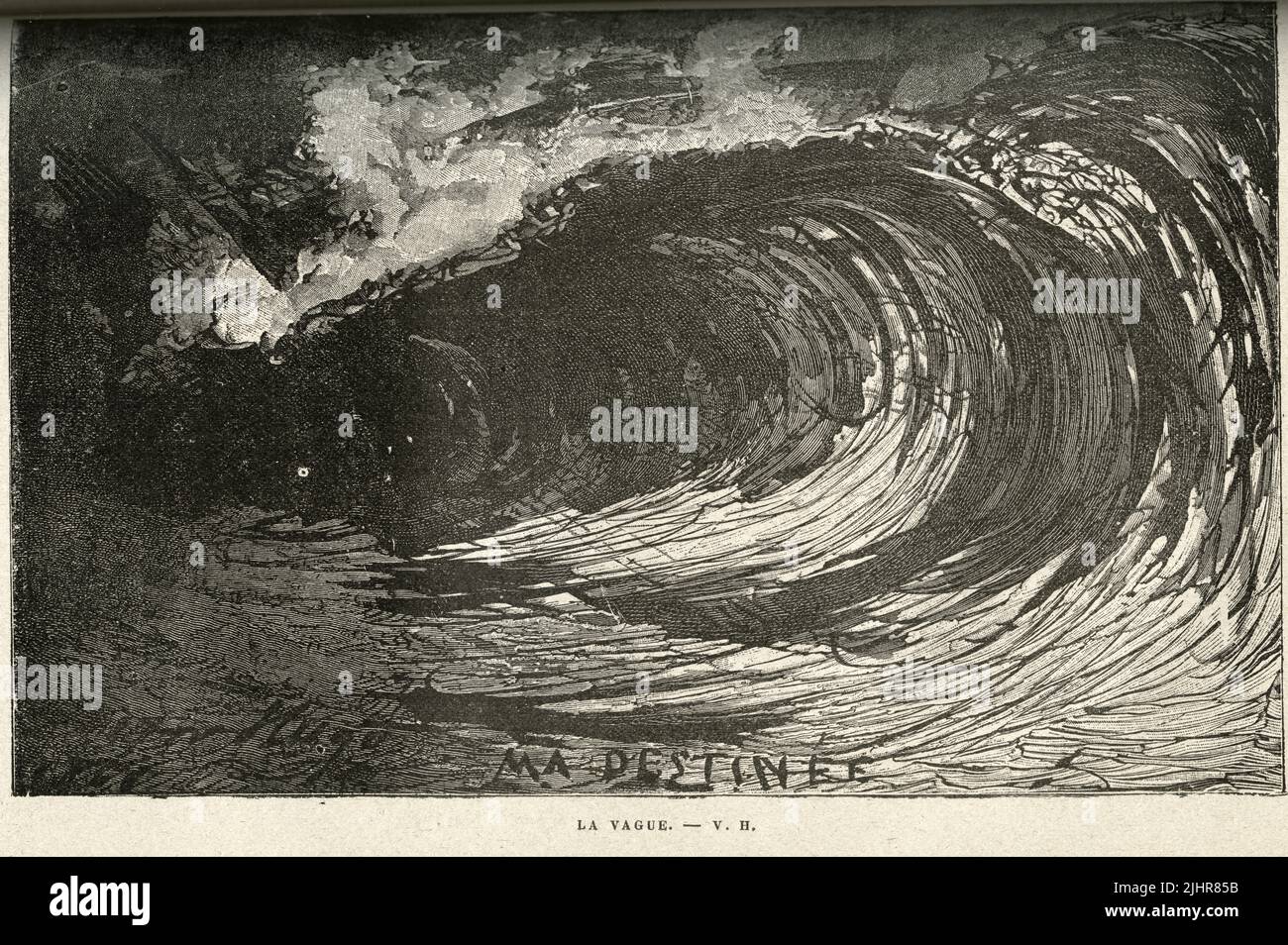 The wave. First part, Book VI, chapter I.  Illustrator: Victor Hugo. Illustration from a set of nearly 150 woodcuts published in the Volume XI of Victor Hugo's 'Oeuvres Complètes' including 'Les Travailleurs de la Mer' ('Toilers of the Sea') - written in 1866. Book published in 1906 by the Société d'éditions Littéraires et Artistiques, Librairie Paul Ollendorff. Stock Photo