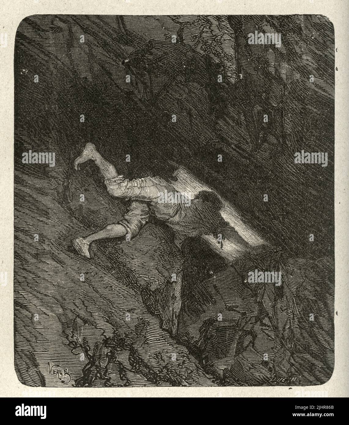 Discovery: 'The fissure was narrow, and the passage dofficult. Gilliatt could see daylight beyond. He made an effort, contorted himself as much as he could, and penetrated in to the cave as far as he was able.' Second part, Book I, chapter XI.  Illustrator: Daniel Vierge. Engraver: Désiré Quesnel. Illustration from a set of nearly 150 woodcuts published in the Volume XI of Victor Hugo's 'Oeuvres Complètes' including 'Les Travailleurs de la Mer' ('Toilers of the Sea') - written in 1866. Book published in 1906 by the Société d'éditions Littéraires et Artistiques, Librairie Paul Ollendorff. Stock Photo