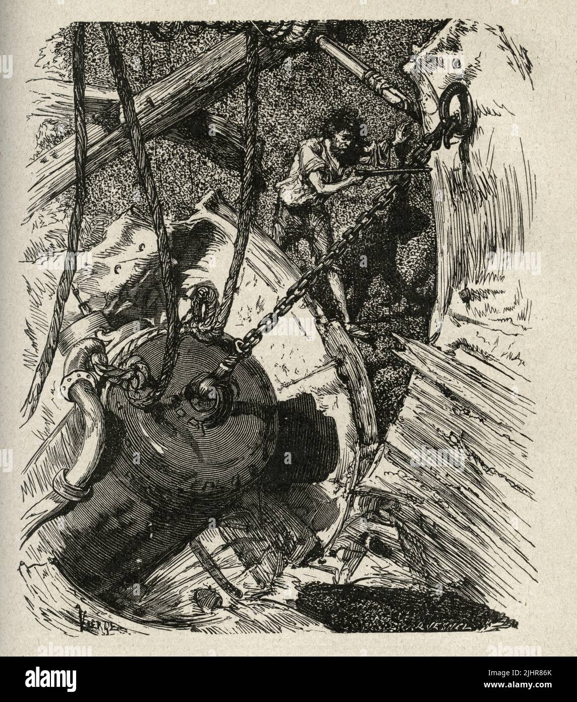 Earnest, but troubled with no impulses but what were useful to his work, he took a final glance at the hoisting-tackle, then seized a file and began to saw with it through the chain which held the whole suspended.' Second part, Book II, chapter VIII.  Illustrator: Daniel Vierge. Engraver: Désiré Quesnel. Illustration from a set of 150 woodcuts published in the Volume XI of Victor Hugo's 'Oeuvres Complètes' including 'Les Travailleurs de la Mer' ('Toilers of the Sea') - written in 1866. Book published in 1906 by the Société d'éditions Littéraires et Artistiques, Librairie Paul Ollendorff. Stock Photo