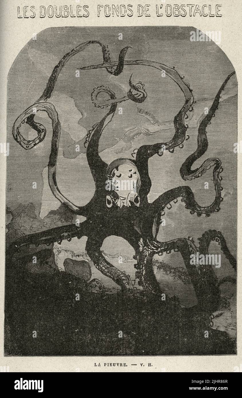 The double bottom of the obsctacle. The octopus. Second part, Book IV, title page.  Illustrator: Victor Hugo. Illustration from a set of nearly 150 woodcuts published in the Volume XI of Victor Hugo's 'Oeuvres Complètes' including 'Les Travailleurs de la Mer' ('Toilers of the Sea') - written in 1866. Book published in 1906 by the Société d'éditions Littéraires et Artistiques, Librairie Paul Ollendorff. Stock Photo