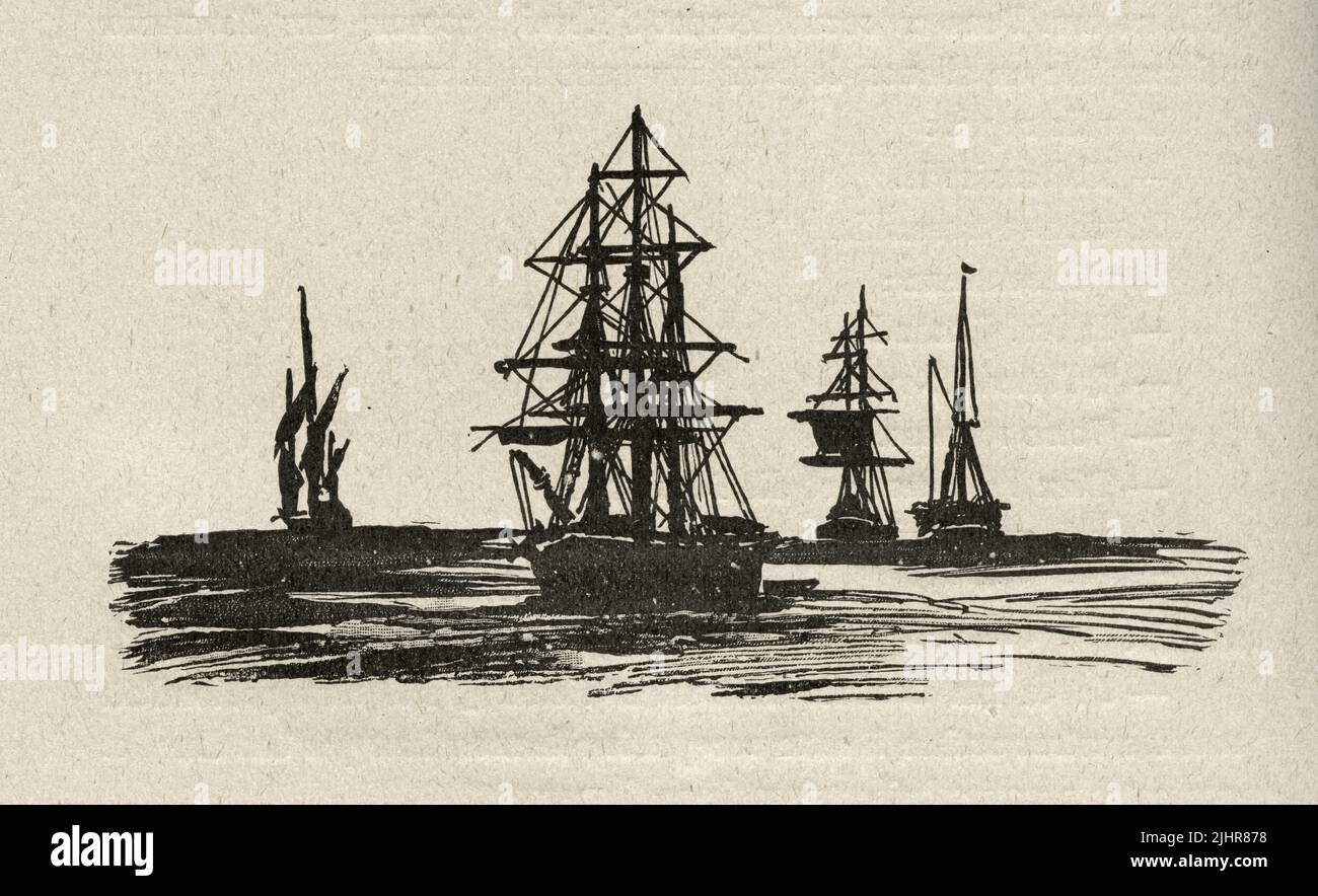 Ships sailing. Third part, Book I, chapter II.  Illustrator: Victor Hugo. Illustration from a set of nearly 150 woodcuts published in the Volume XI of Victor Hugo's 'Oeuvres Complètes' including 'Les Travailleurs de la Mer' ('Toilers of the Sea') - written in 1866. Book published in 1906 by the Société d'éditions Littéraires et Artistiques, Librairie Paul Ollendorff. Stock Photo