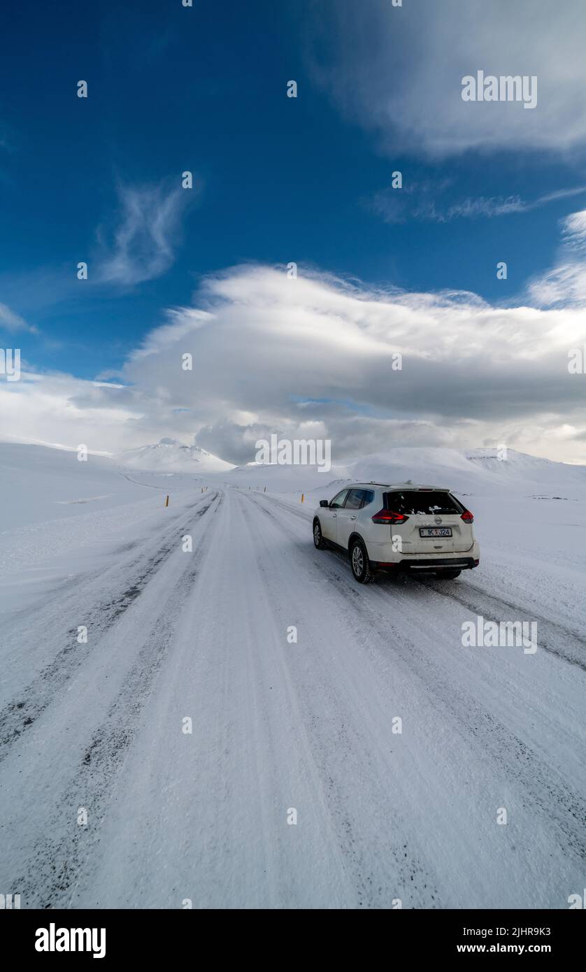 Beautiful and dangerous driving road in winter snow Iceland Stock Photo ...