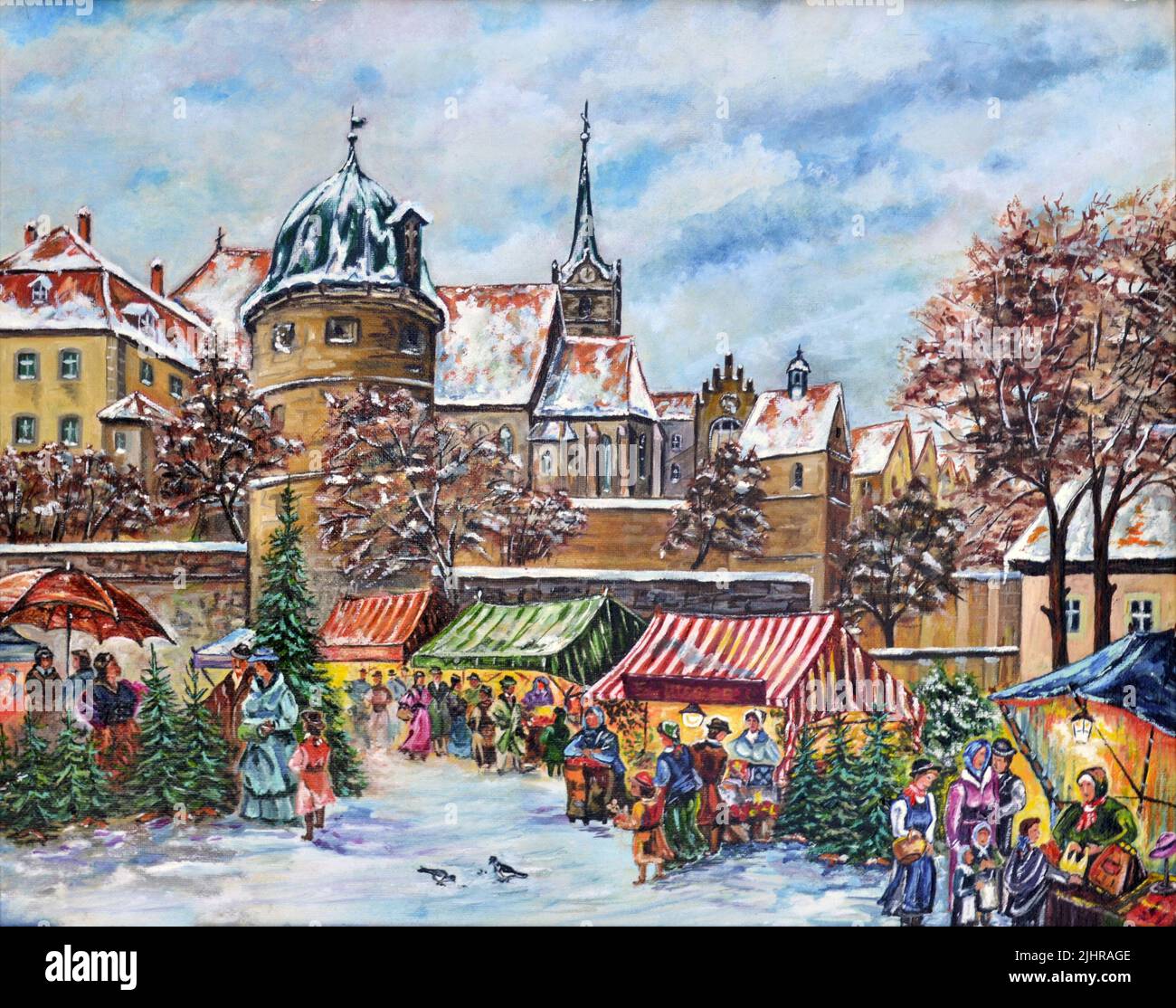 Painting of a nostalgic christmas market in winter Stock Photo