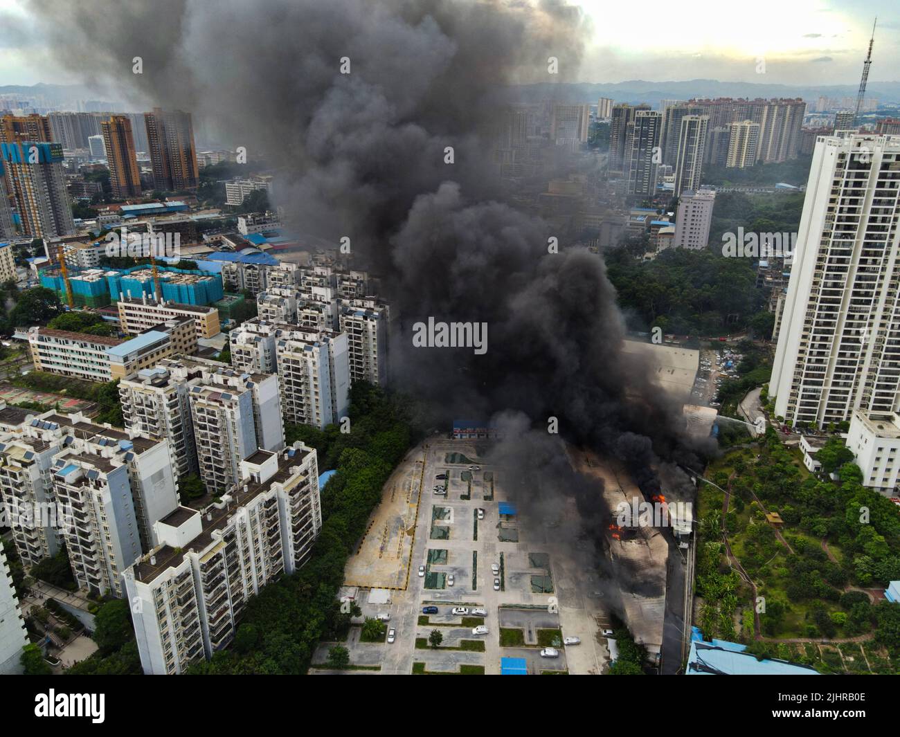 Aerial video taken on July 20, 2022 shows the scene of a fire in an