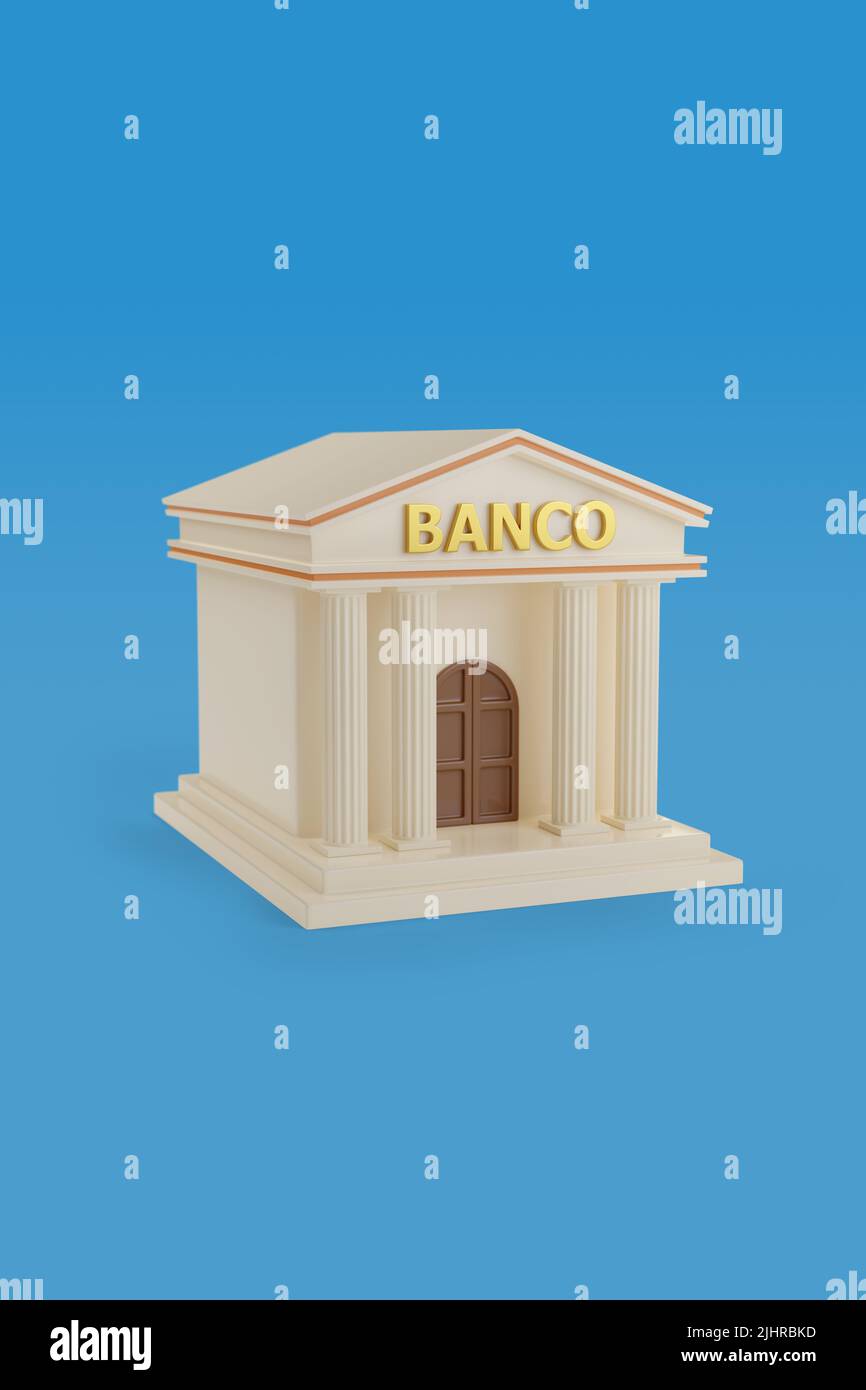 Bank building with bank text in spanish on blue background. 3d