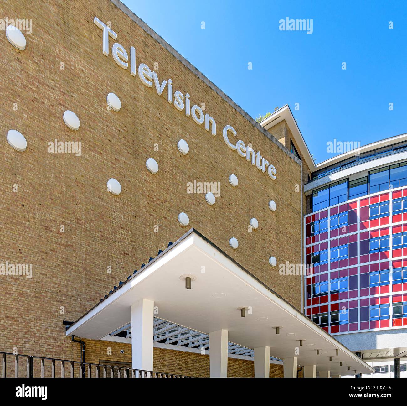 Iconic BBC Television Centre in Shepherd’s Bush. Renamed just Television Centre, has been converted into apartments, hotel and leisure facilities. Stock Photo