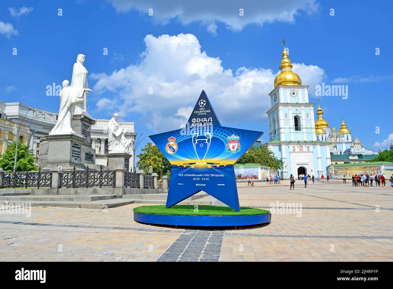 UEFA Champions League Final 2018 Symbols  in Kiev, Ukraine. FC Real Madrid and FC Liverpool Final game Stock Photo