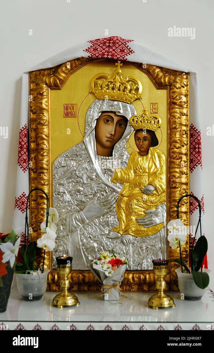 Icon in the ornate riza of Cathedral of the Resurrection of Christ in Kyiv, Ukraine Stock Photo