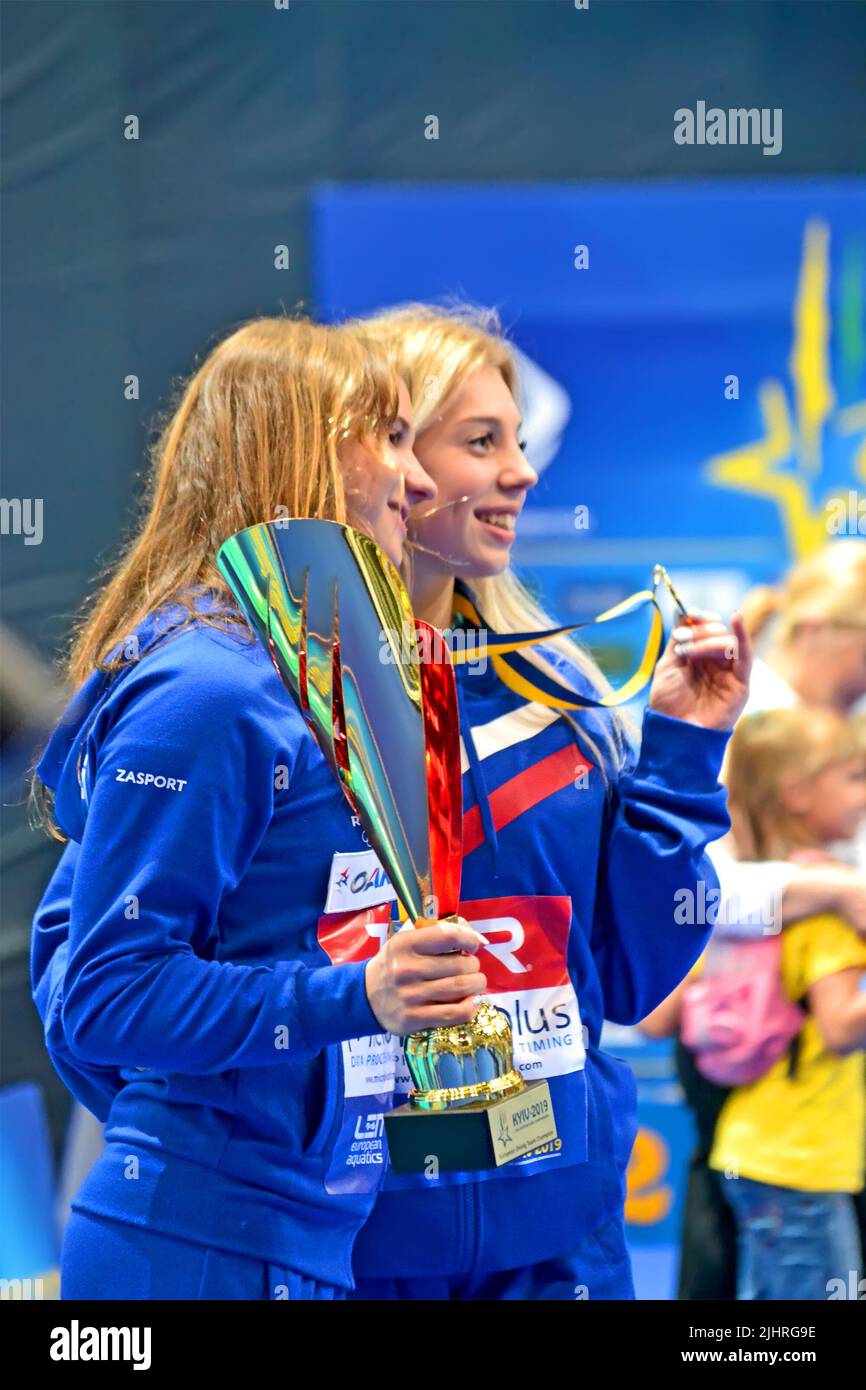 European Diving Championships 2019 winner celebrations in Kiev, Ukraine. Diving medals ceremony. Stock Photo