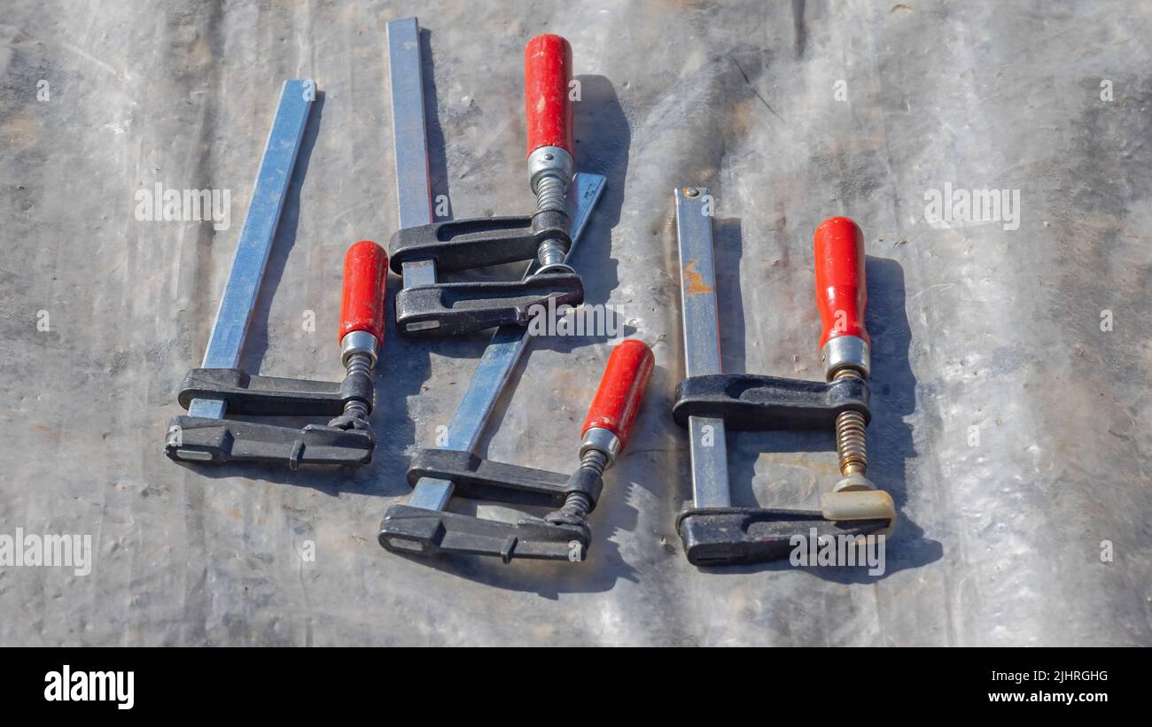 Set of Hand Screw Clamps Tool for Woodworking Stock Photo Alamy