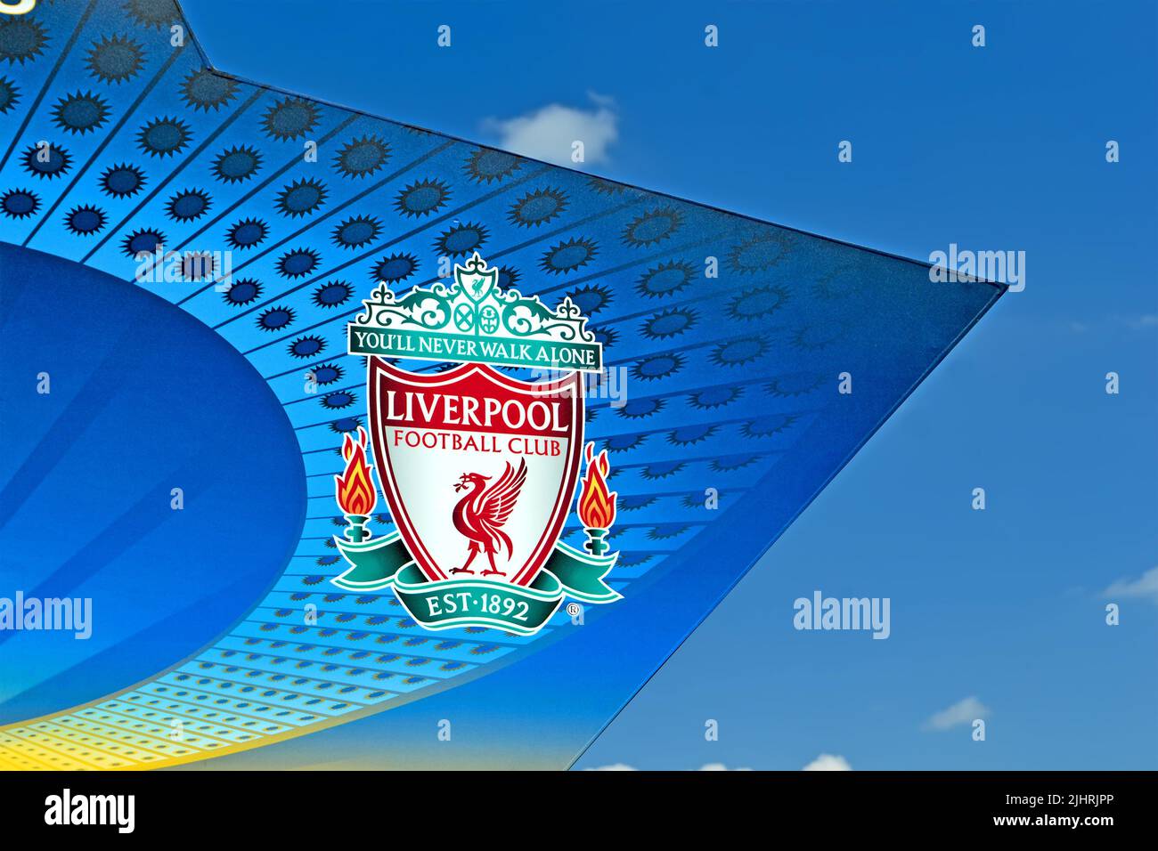 Liverpol FC on UEFA Champions League Final 2018 Symbols in Kiev, Ukraine . FC Real Madrid and FC Liverpool Final Stock Photo