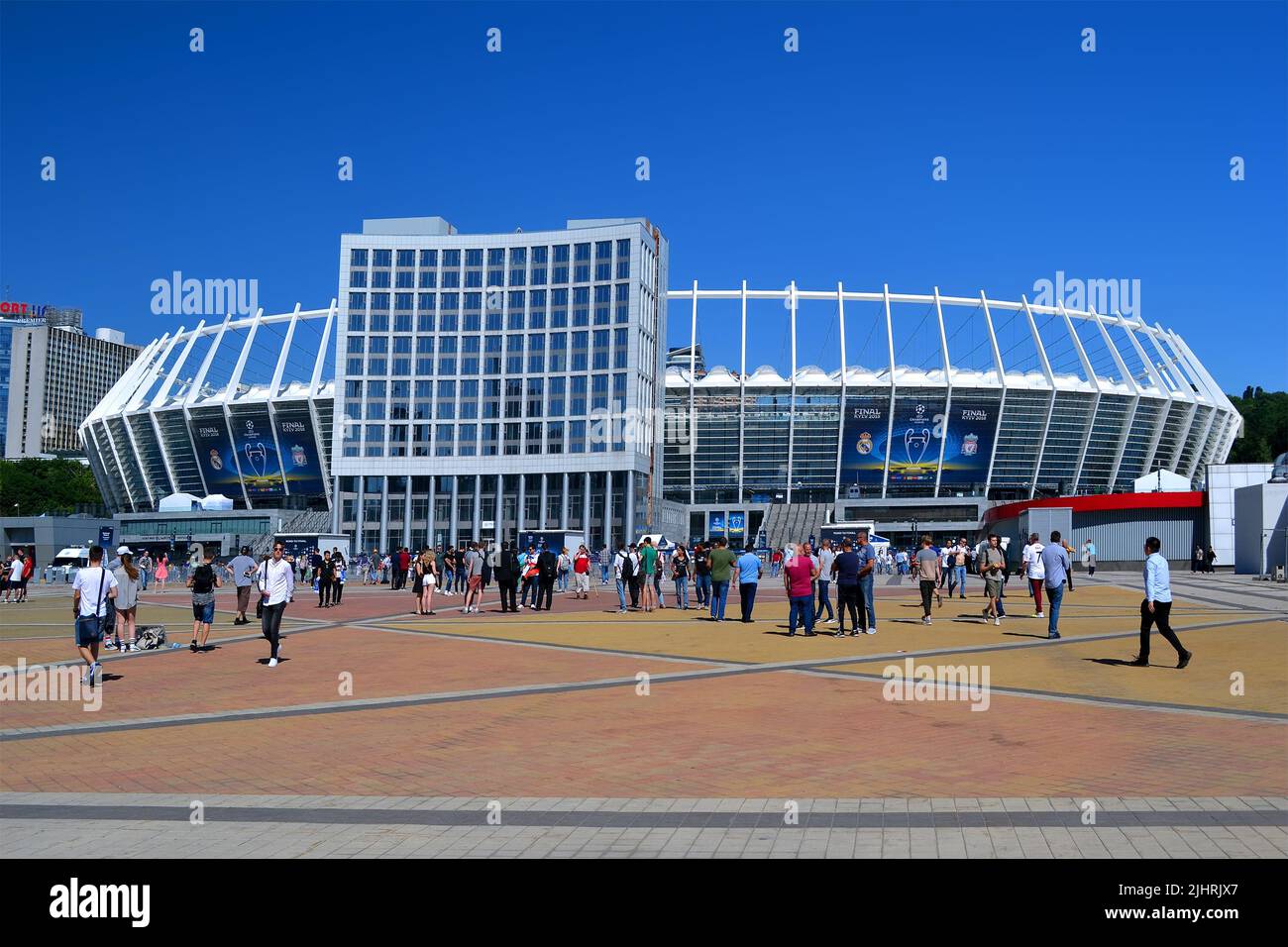 National Olympic Stadium with UEFA Champions League Final 2018 Symbols in Kiev, Ukraine. FC Real Madrid and FC Liverpool Stock Photo
